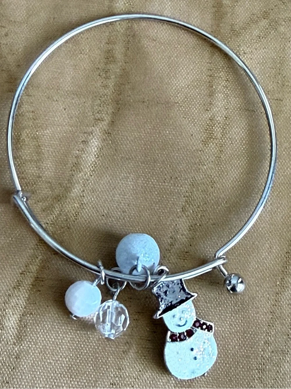 Silver Snowman Charm Bangle Bracelet with White Beads